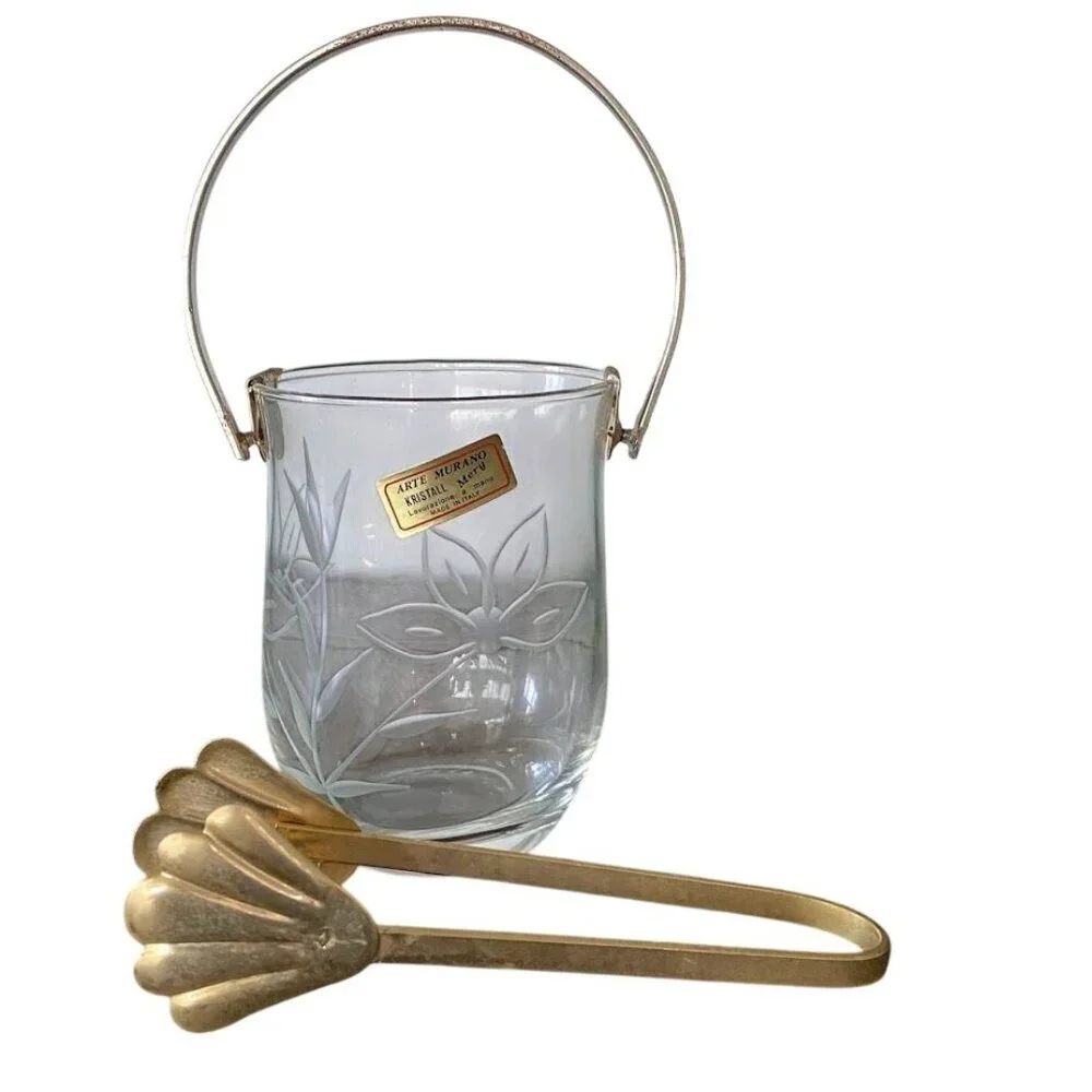 Murano Glass Kristall Lavorazione Etched Individual Ice Bucket with Tongs